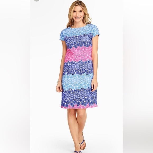Talbots Blue Pink Color Block Seashell Beach Dress M Petite - Picture 1 of 10